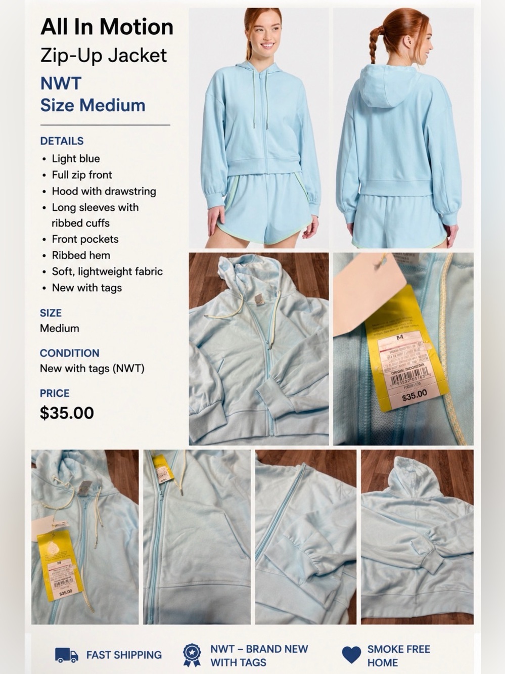 All In Motion Women’s Full Zip Hoodie Jacket NWT Size Medium Light Blue
